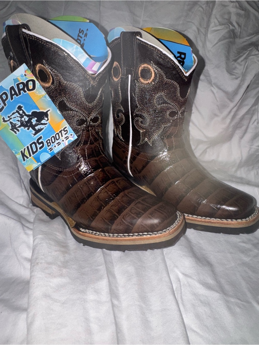 Kids Brown Croc-Embossed Western Boots -